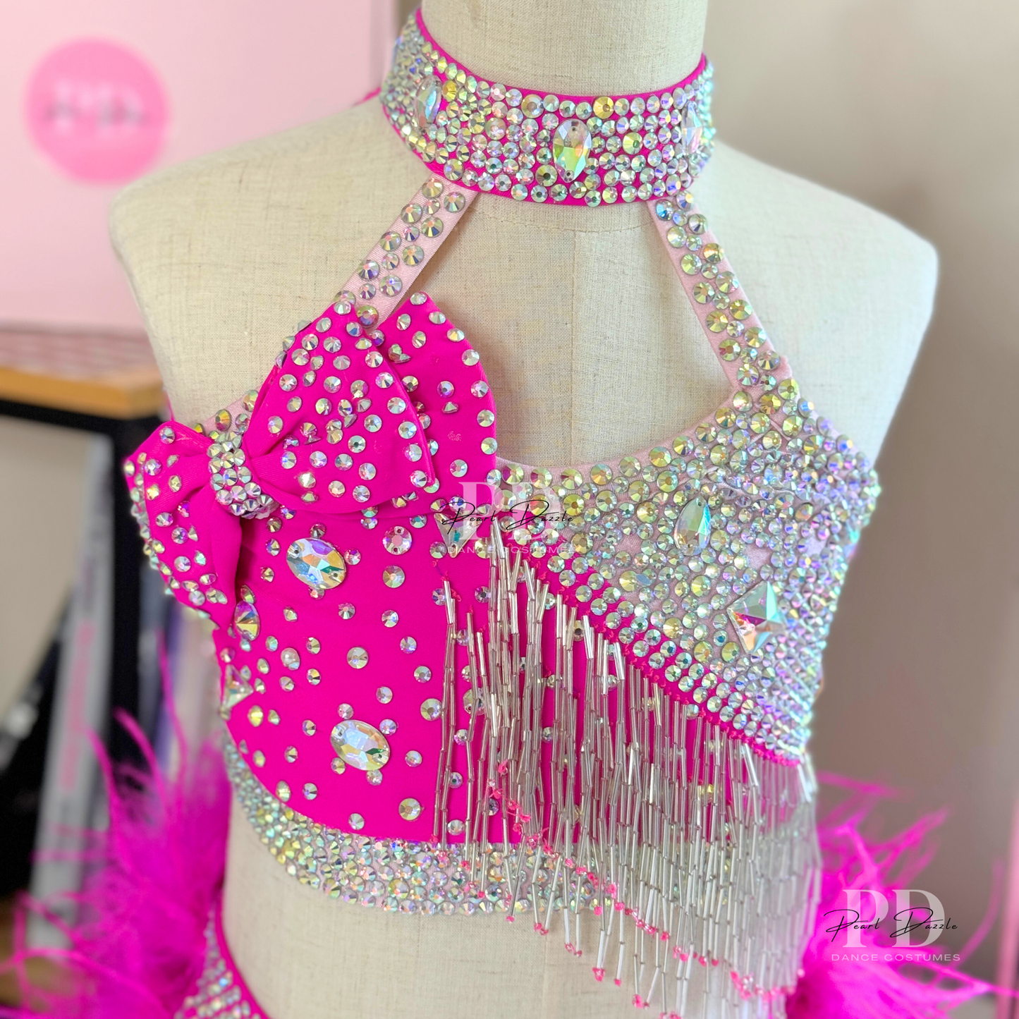 Made to Order -Sassy Bow 2 Pinks Fringe Feather Jazz Dance Costume