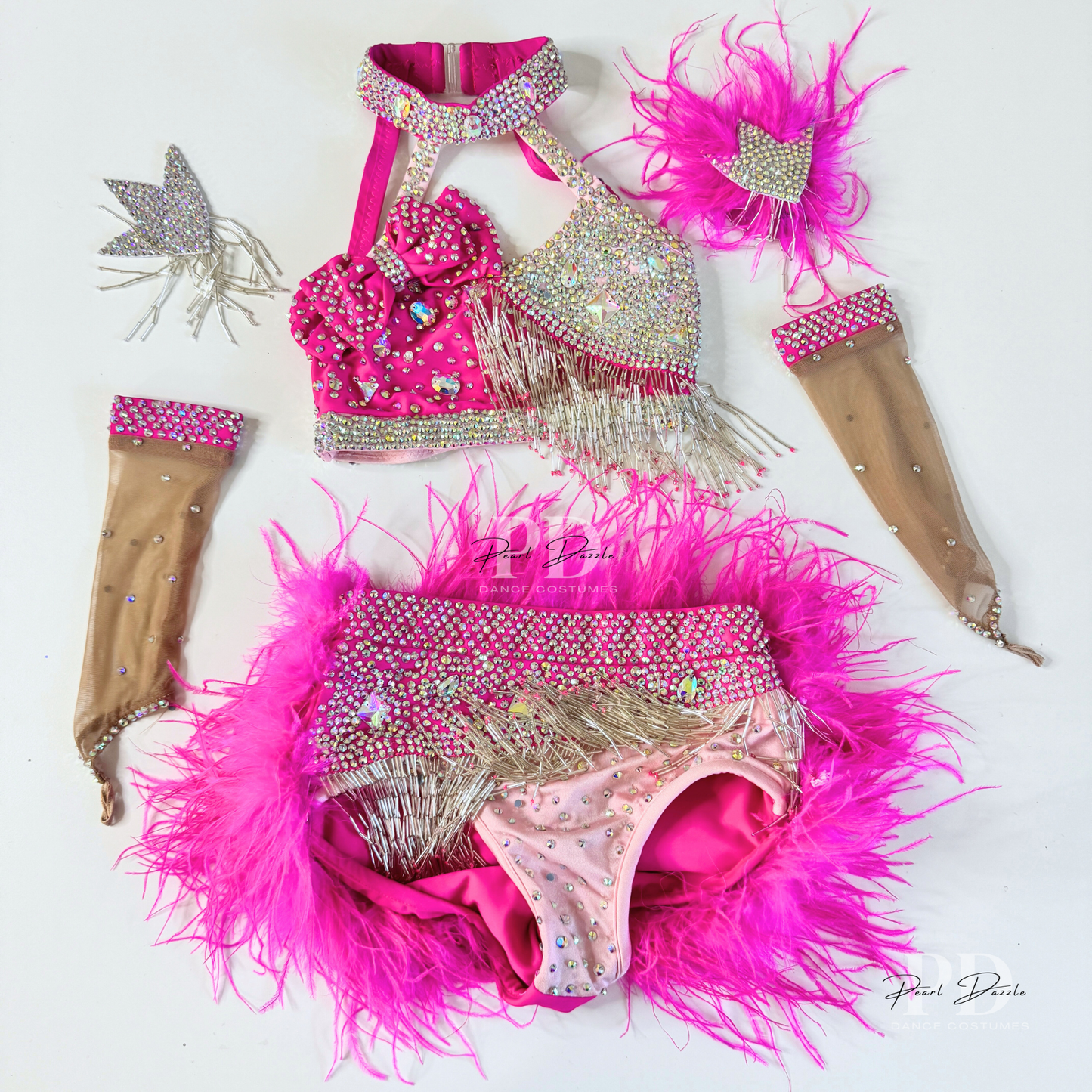 Made to Order -Sassy Bow 2 Pinks Fringe Feather Jazz Dance Costume