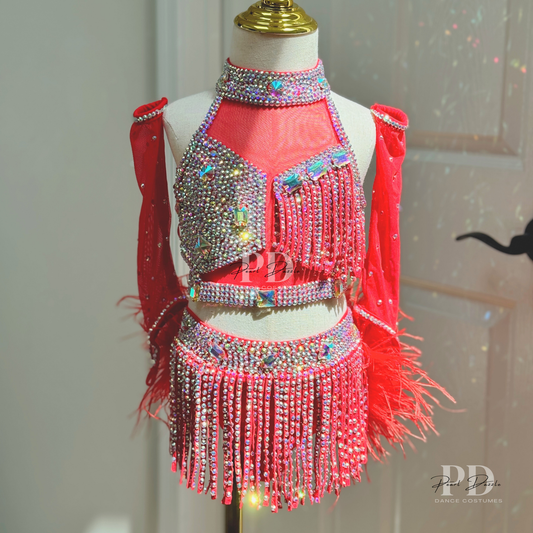 Made to order - Sassy Red Fringe Feather Jazz Dance Costume